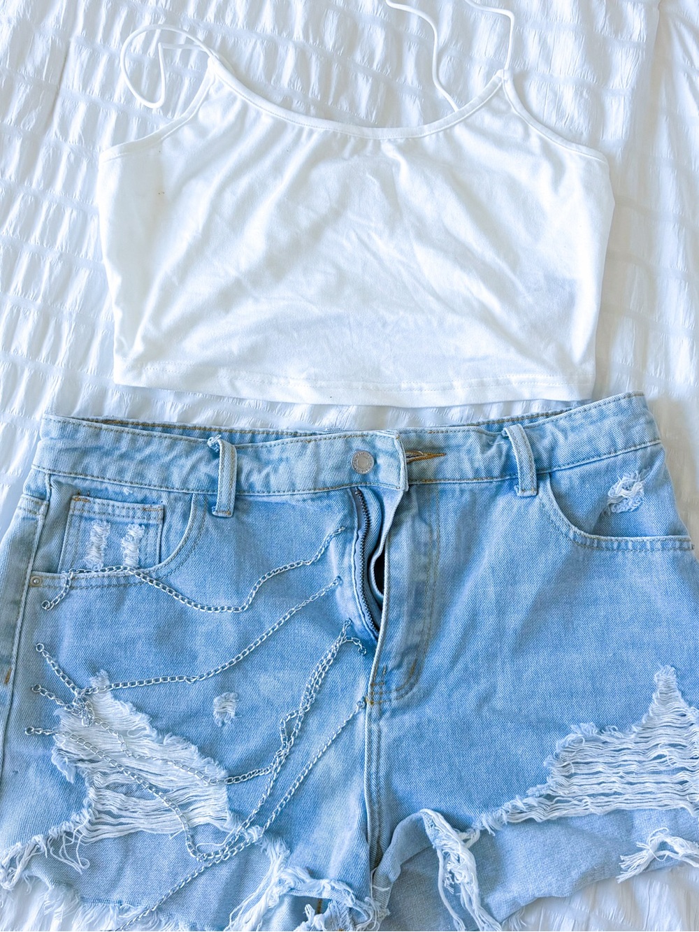 White Cropped Tank Top with Light Blue Distressed Denim Shorts
